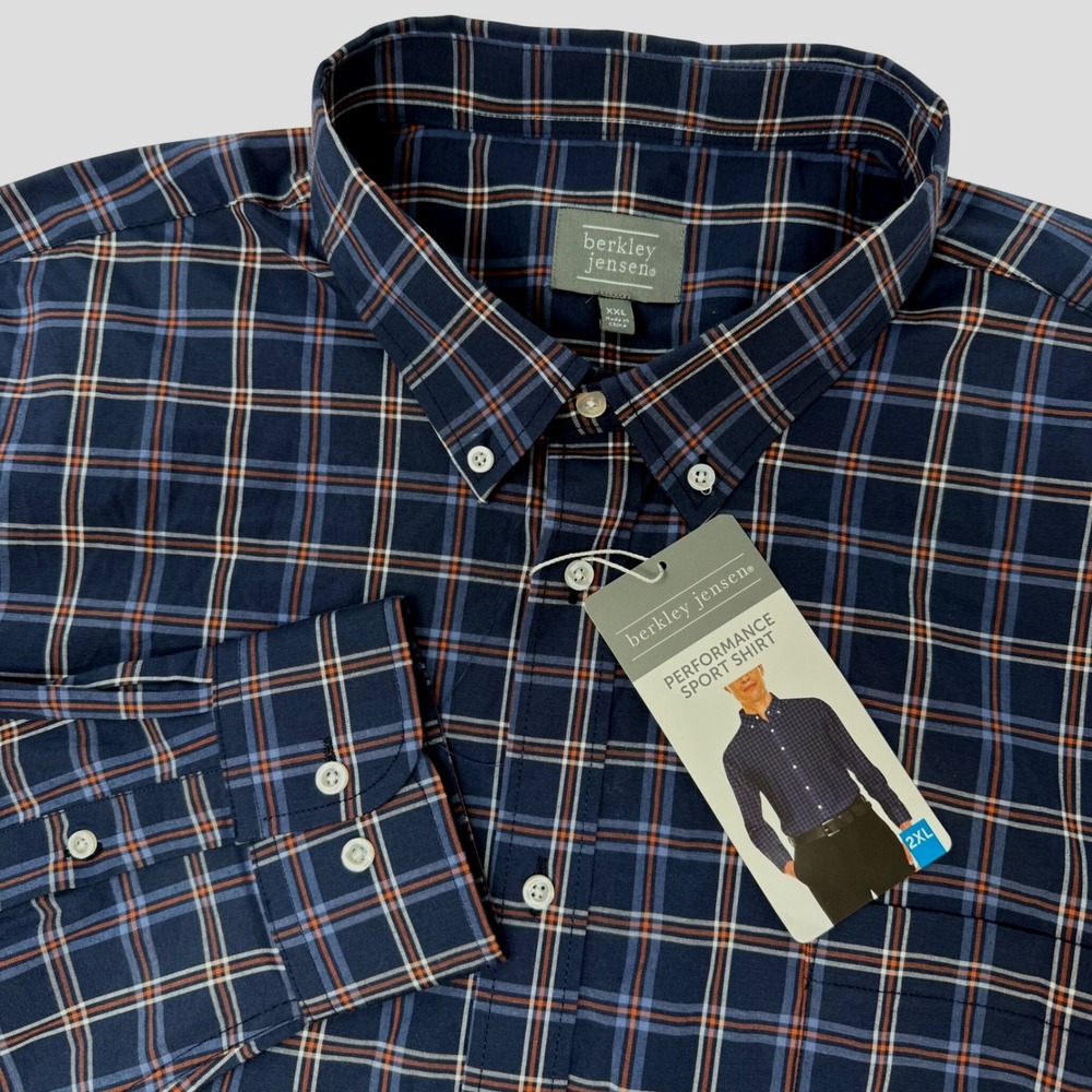 Berkley Jensen Mens XXL Performance Sport Shirt Navy Blue Plaid Long Sleeve NEW‎
